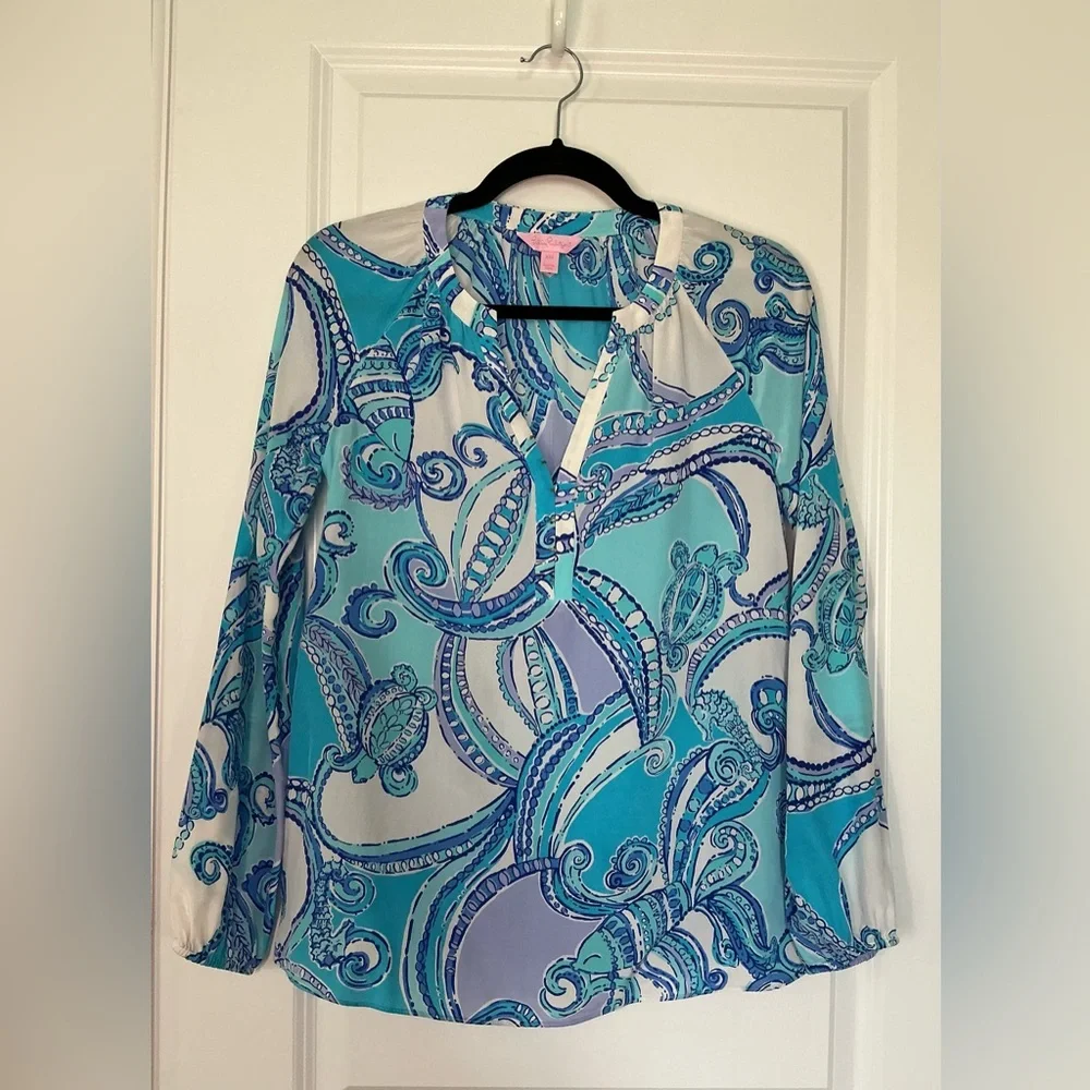 Lilly Pulitzer Elsie Searulean Silk Blouse Size XXS